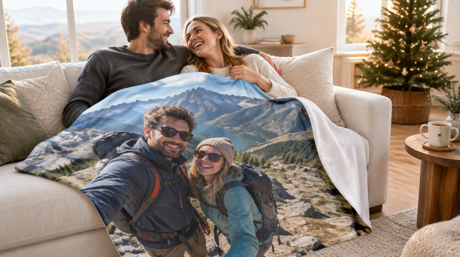 Plaid avec une photo de couple en randonnée