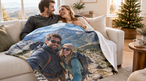 Couple sous un plaid imprimé de leur photo en montagne